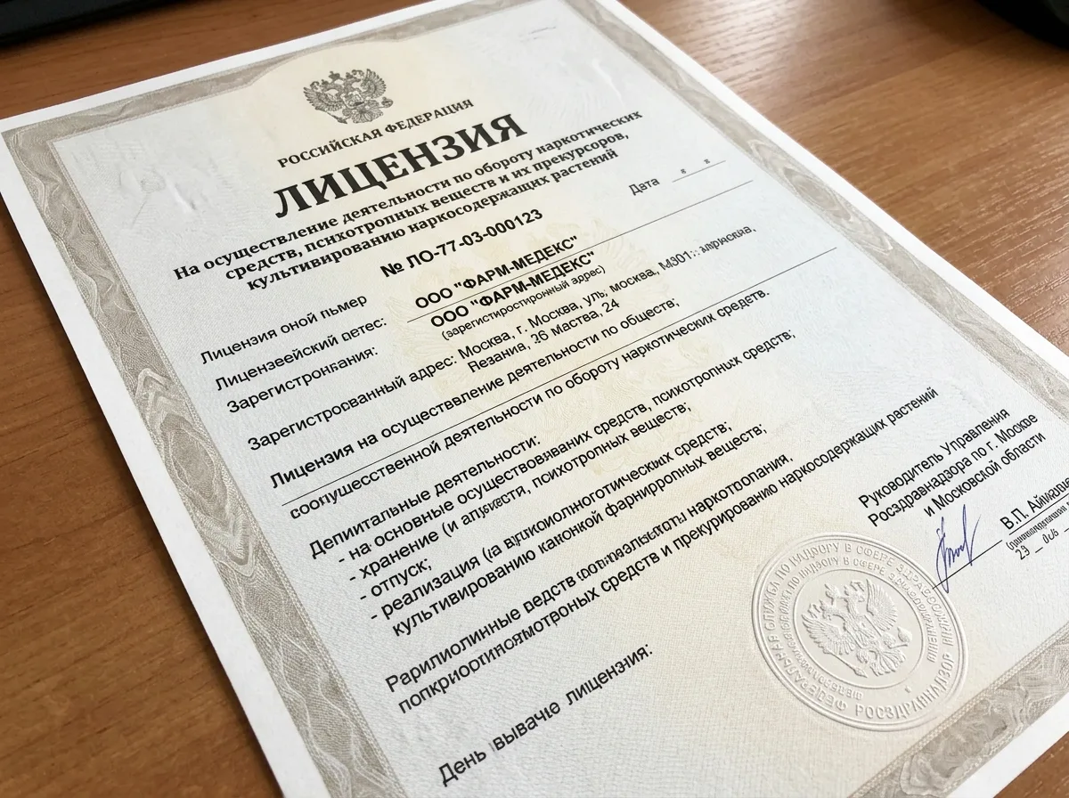 Лицензия на деятельность по обороту наркотических средств и психотропных веществ, официальный документ с гербовой печатью Росздравнадзора